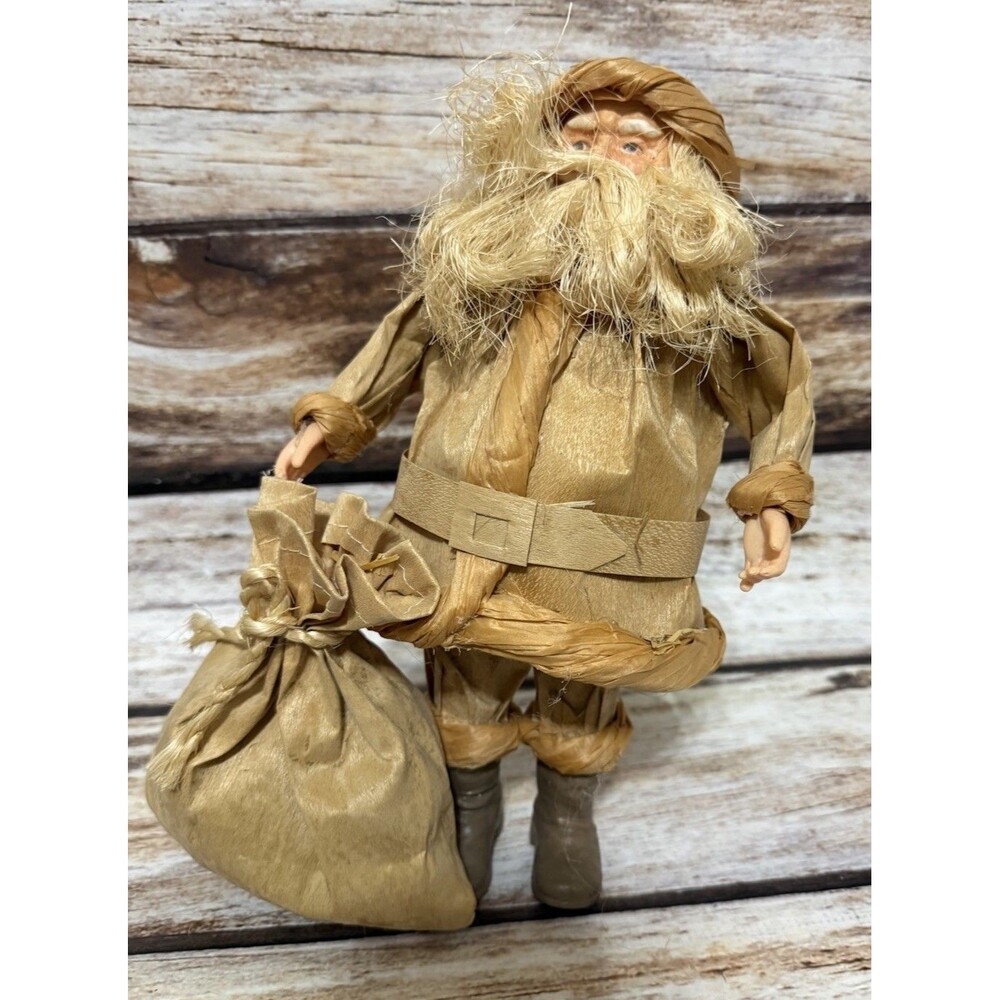 Vintage Corn Husk Doll Santa Claus w/ Bag of Toys  Christmas Decor 11”